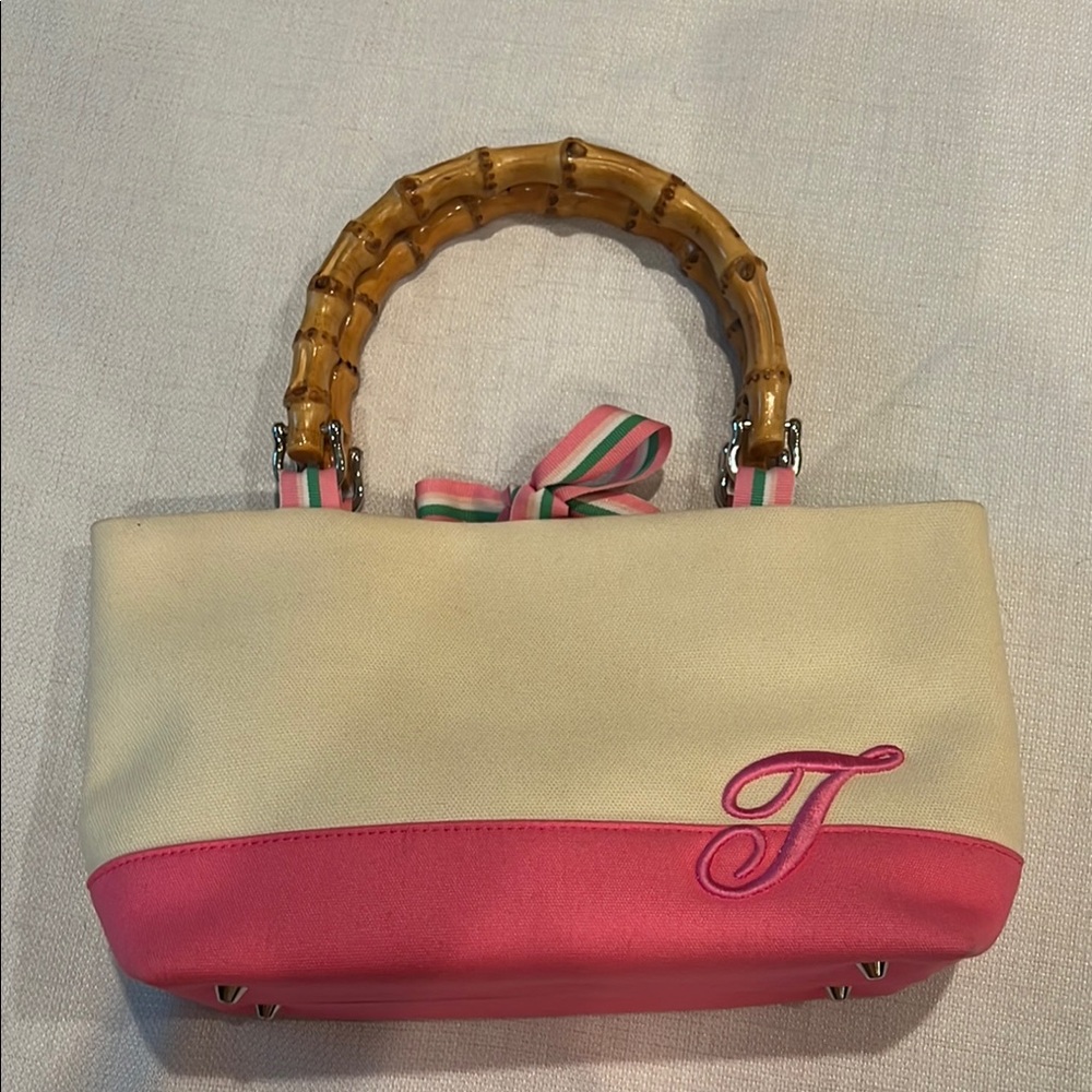 Preston & York Monogram “T” Pink and Cream purse with Bamboo Handles